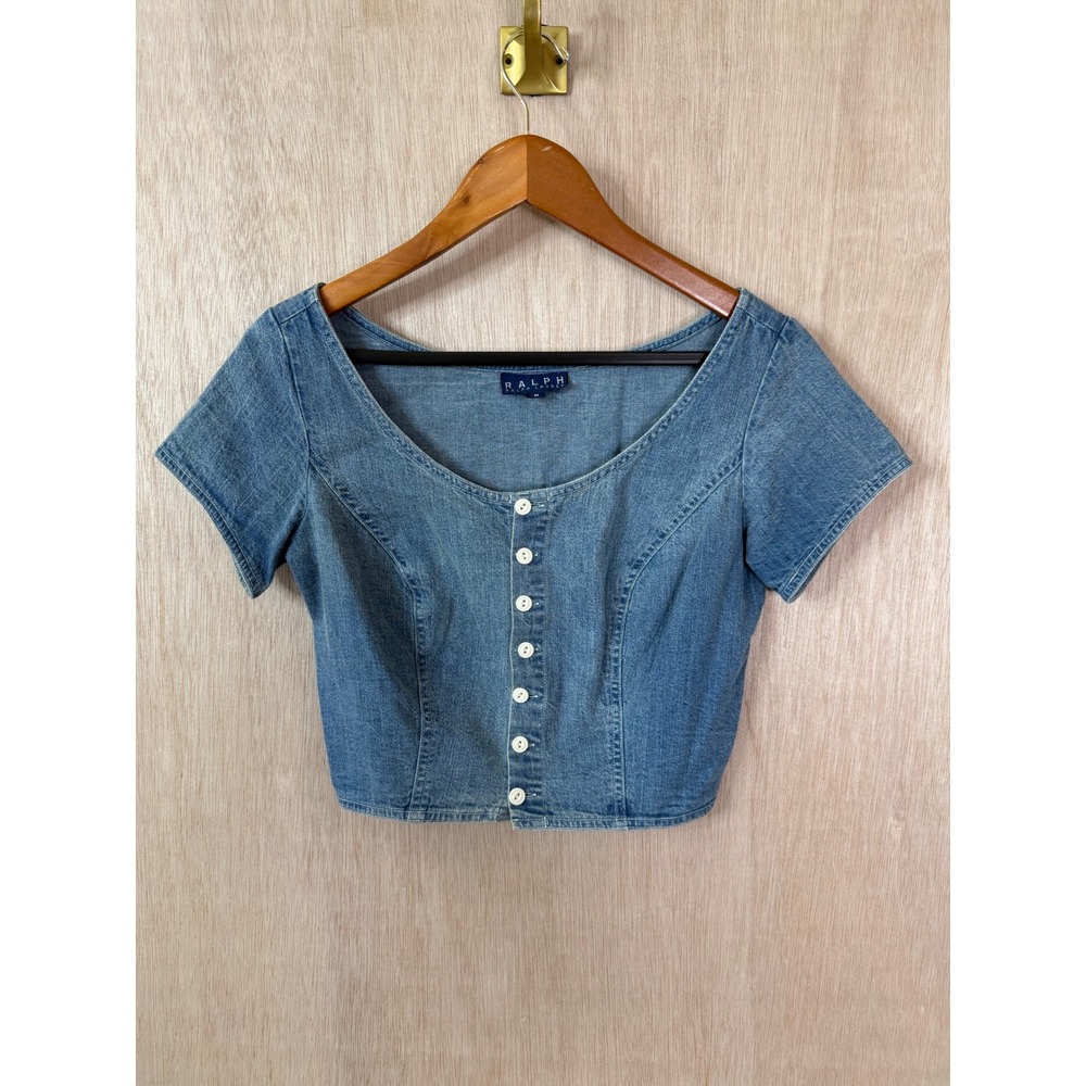Vintage Ralph Lauren Denim Crop Top Blue Button Down Short Sleeve Shirt M